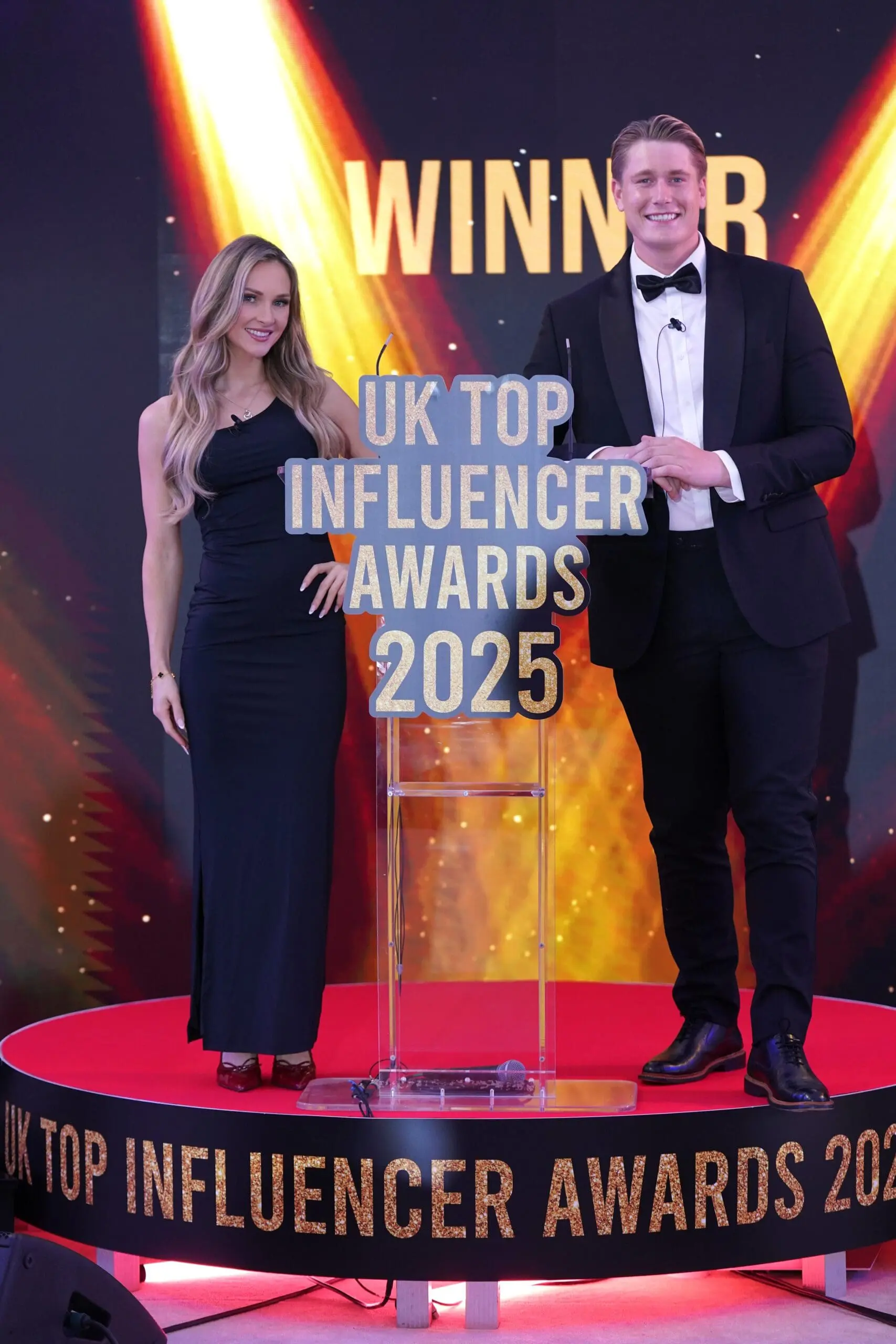 DSC06744 Farmer Will Young and Jessie Wynter of Love Island Fame, pictured on the stage at the 2025 UK Top Influencer Awards