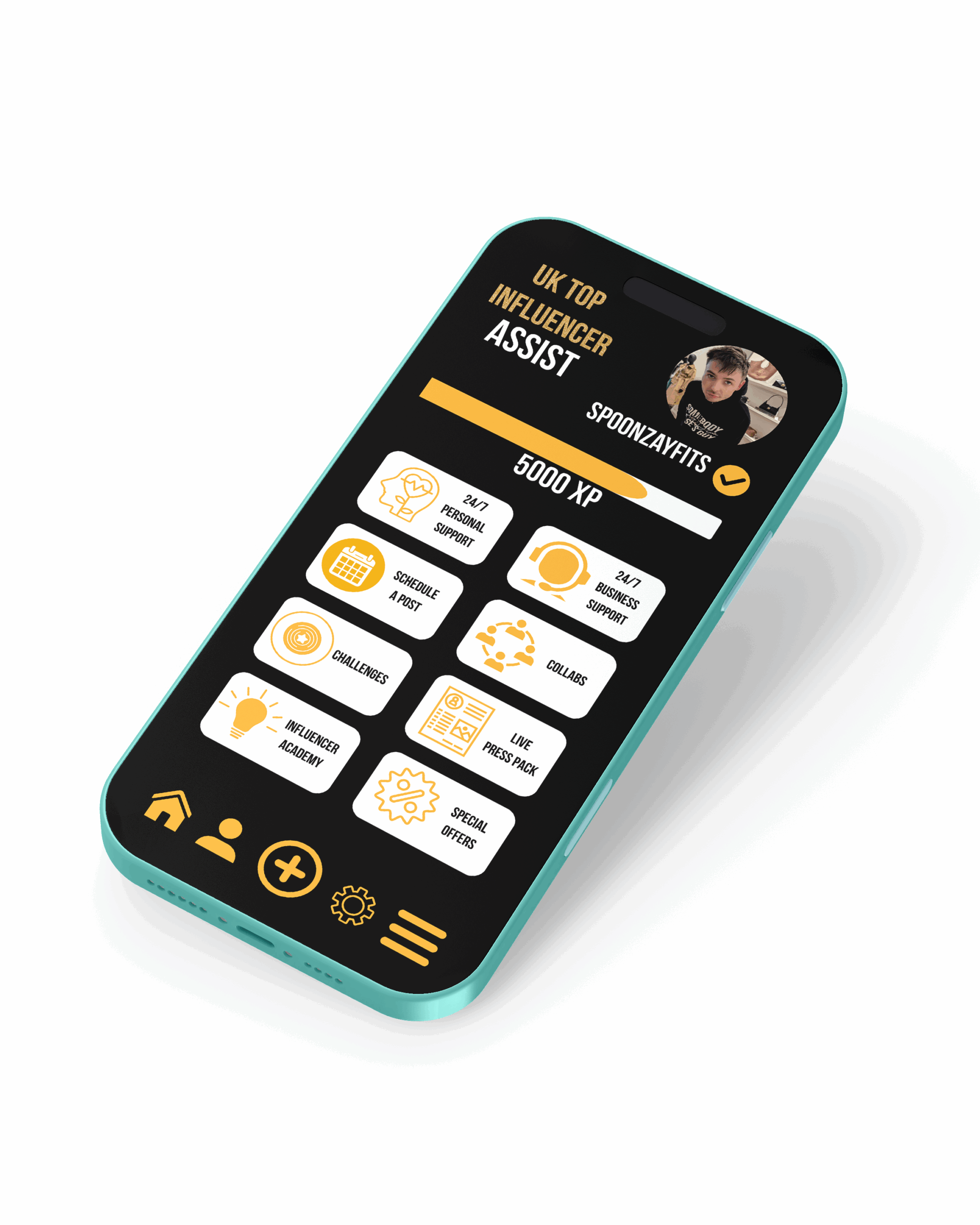 iPhone16 cropped a mockup of the UK Top Influencer App UKTI Assist on an iPhone 16